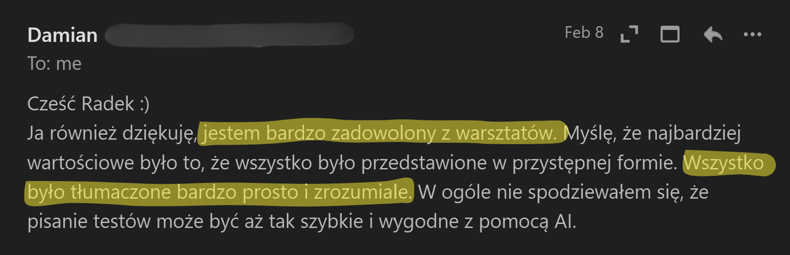 Zrzut ekranu opinii uczestnika 7