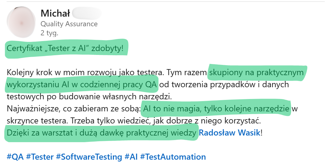 Opinia Michała: praktyczne wykorzystanie AI w codziennej pracy QA, od przypadków i danych testowych po budowanie własnych narzędzi.