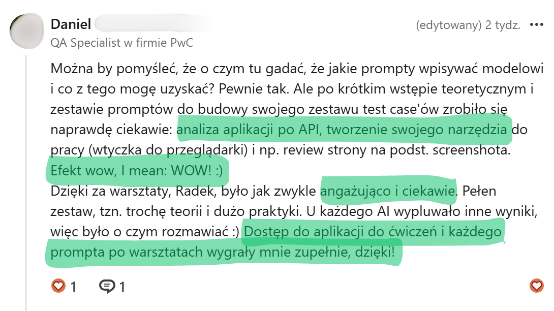 Opinia Daniela: analiza aplikacji po API, tworzenie własnego narzędzia, angażujące ćwiczenia i dostęp do materiałów po warsztacie.