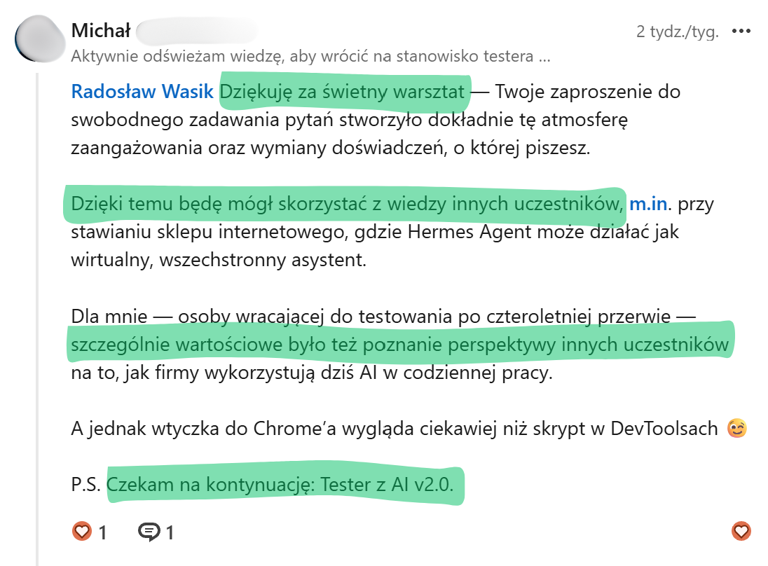 Opinia Michała: swobodne zadawanie pytań, wymiana doświadczeń i poznanie perspektywy innych uczestników. Oczekiwanie na kontynuację Tester z AI.